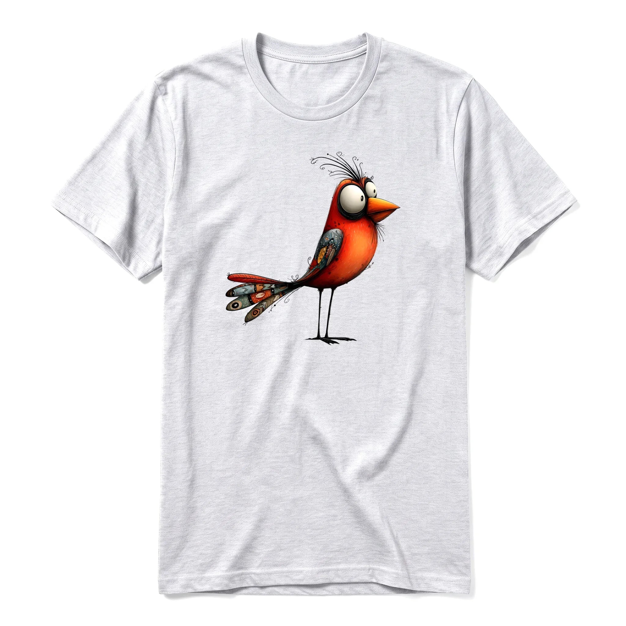 Un T-shirt gris cendré à manches courtes et col rond, orné d'un motif représentant un oiseau excentrique sur le devant.