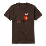 A chocolate short-sleeve crewneck t-shirt for adult featuring a graphic of a quirky bird on the front.