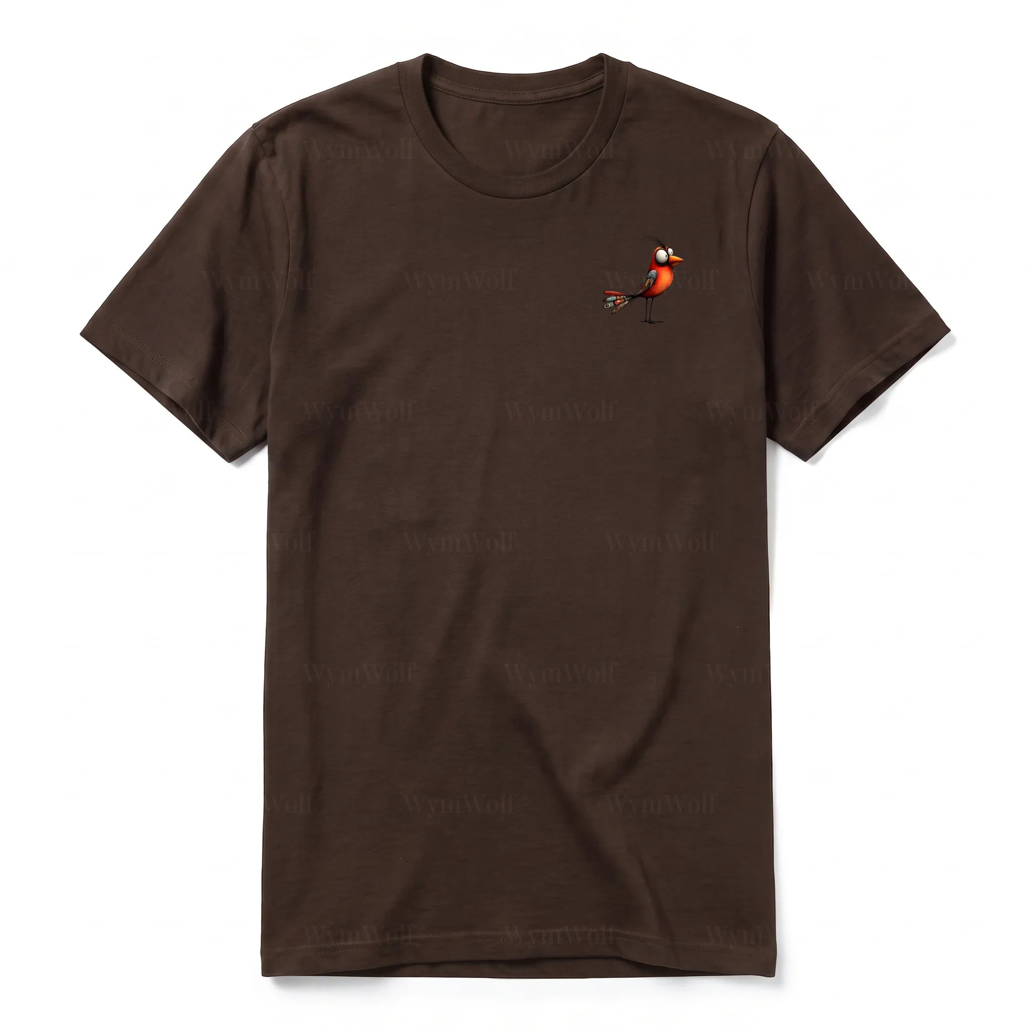 A chocolate short-sleeve crewneck t-shirt for adult featuring a graphic of a quirky bird on the left chest.