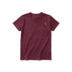 Un T-shirt marron à manches courtes et col rond pour jeune, orné d'un motif représentant un oiseau excentrique sur la poitrine gauche.