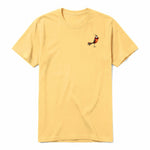 A mustard short-sleeve crewneck t-shirt for adult featuring a graphic of a quirky bird on the left chest.