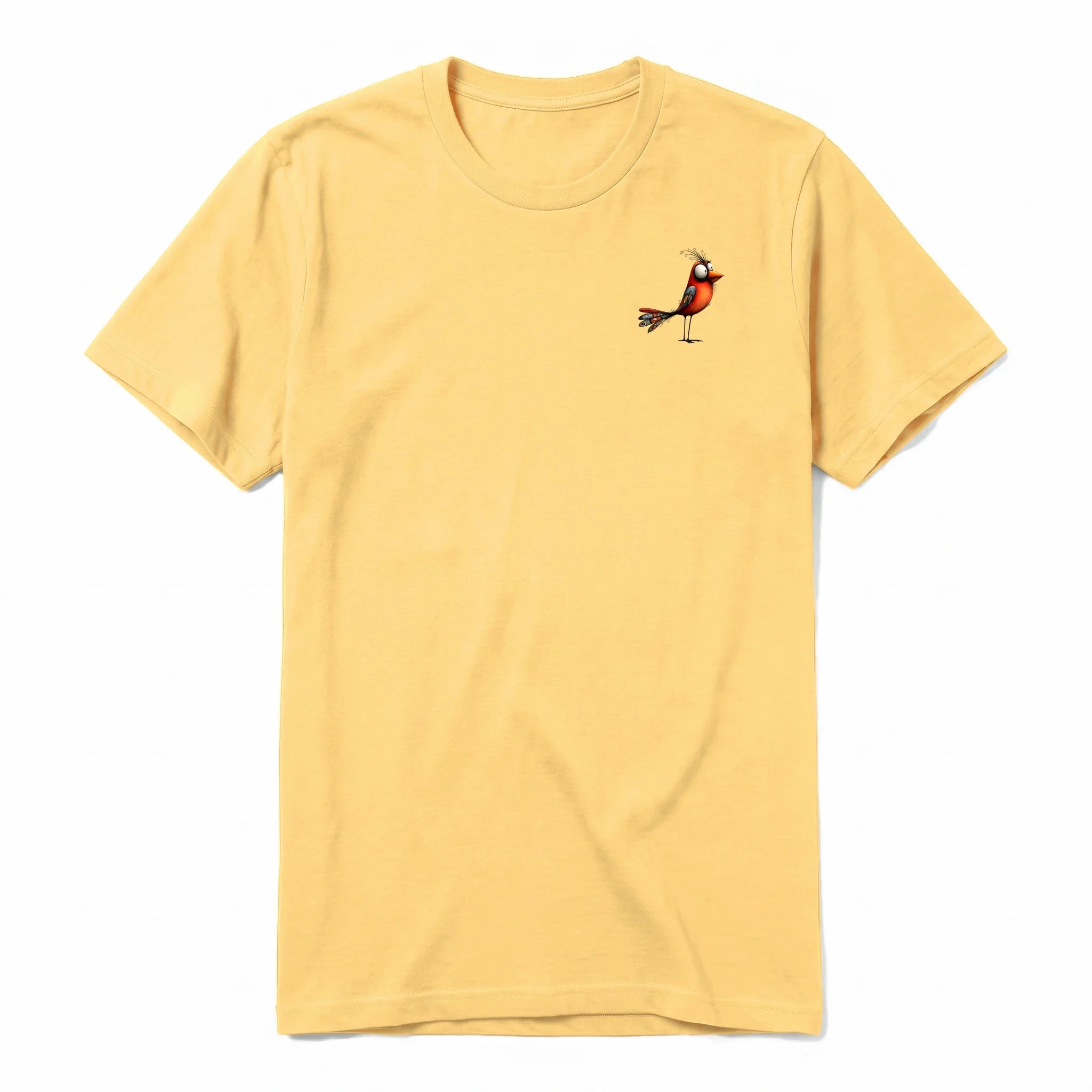 A mustard short-sleeve crewneck t-shirt for adult featuring a graphic of a quirky bird on the left chest.