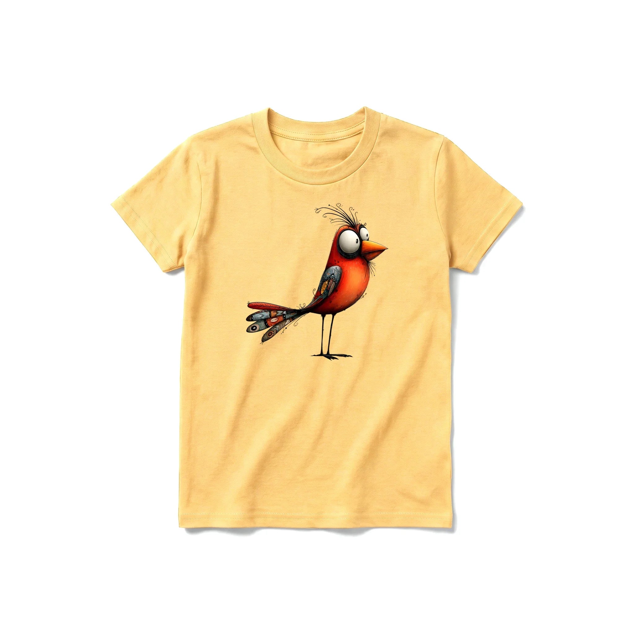 A mustard short-sleeve crewneck t-shirt for youth featuring a graphic of a quirky bird on the front.