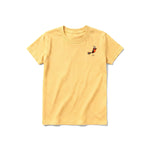 A mustard short-sleeve crewneck t-shirt for youth featuring a graphic of a quirky bird on the left chest.