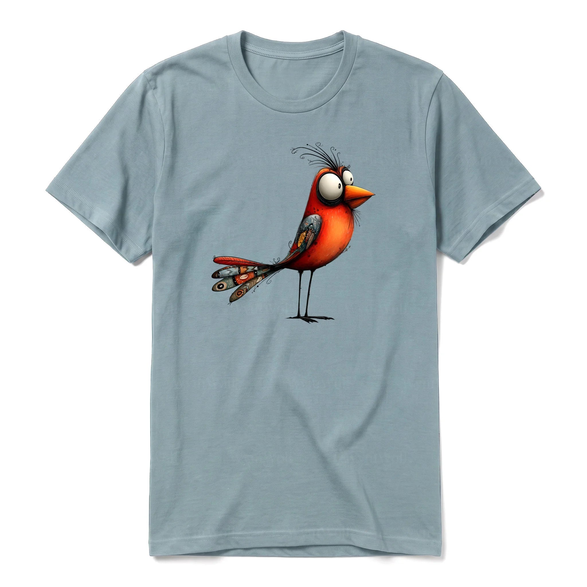 A sage short-sleeve crewneck t-shirt for adult featuring a graphic of a quirky bird on the front.