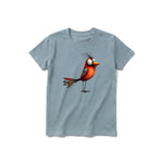 A sage short-sleeve crewneck t-shirt for youth featuring a graphic of a quirky bird on the front.