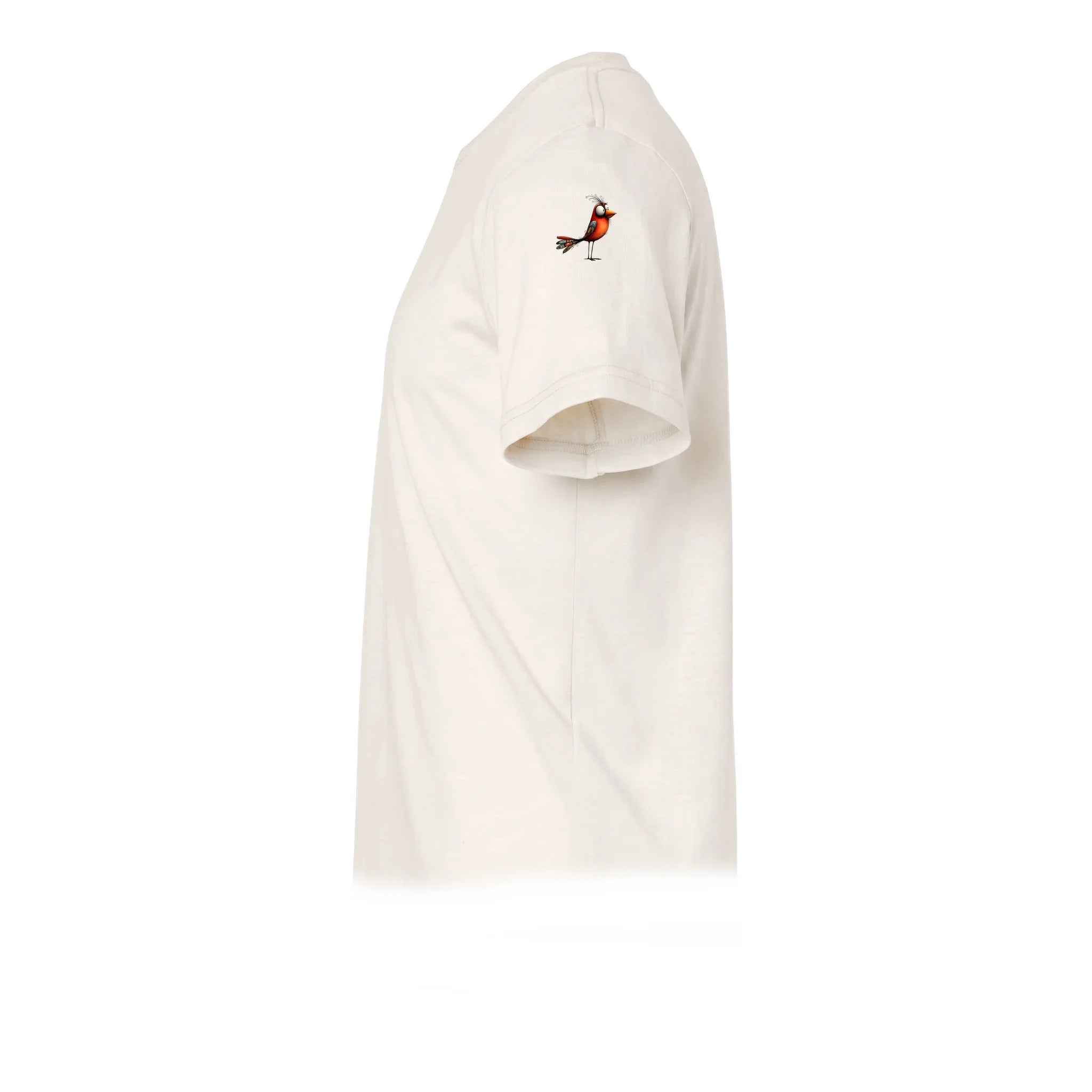 A vintage-white short-sleeve crewneck t-shirt  featuring a small graphic of a quirky bird on the upper left sleeve.