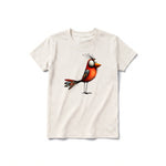 A vintage-white short-sleeve crewneck t-shirt for youth featuring a graphic of a quirky bird on the front.