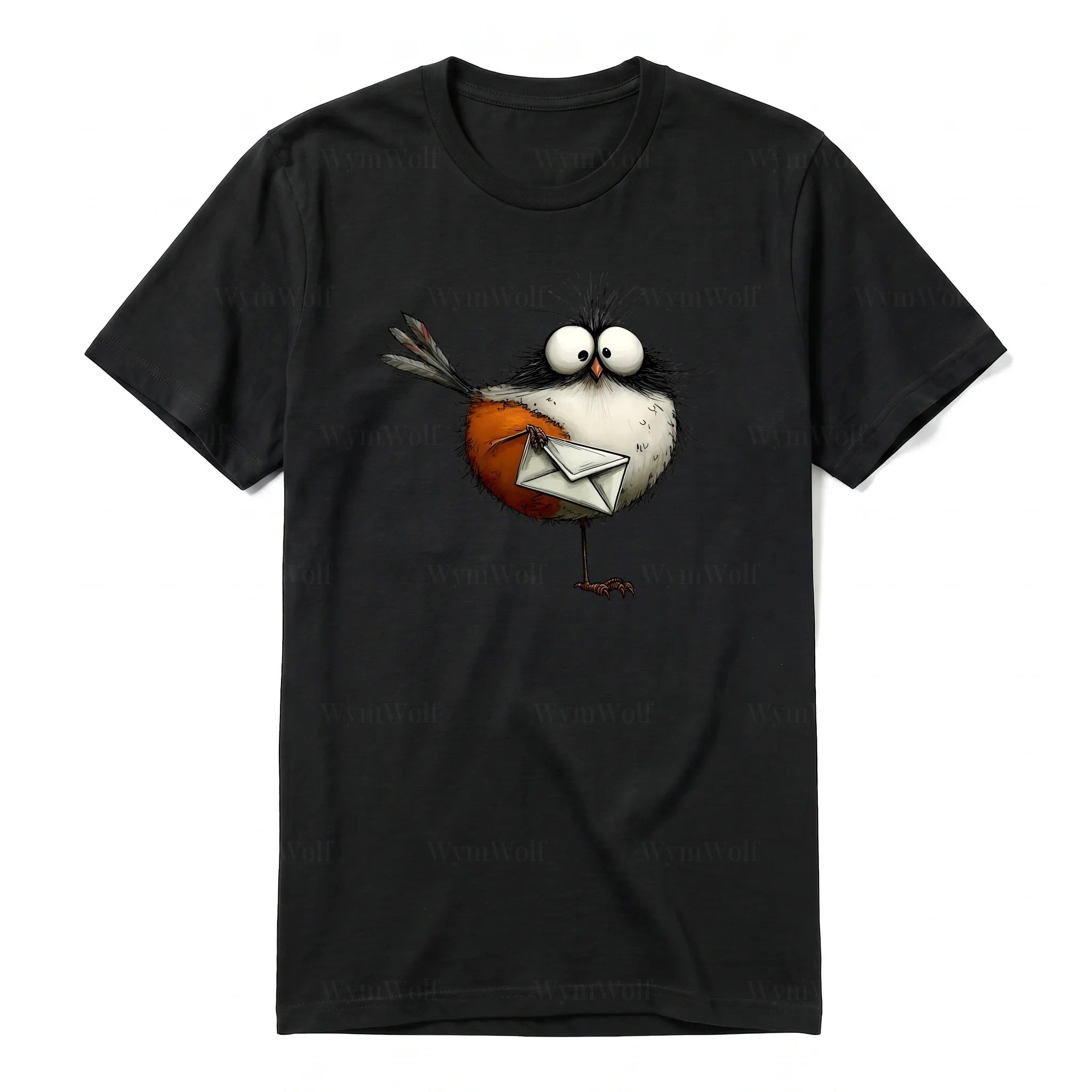A black short-sleeve crewneck t-shirt for adult featuring a graphic of a quirky bird on the front.
