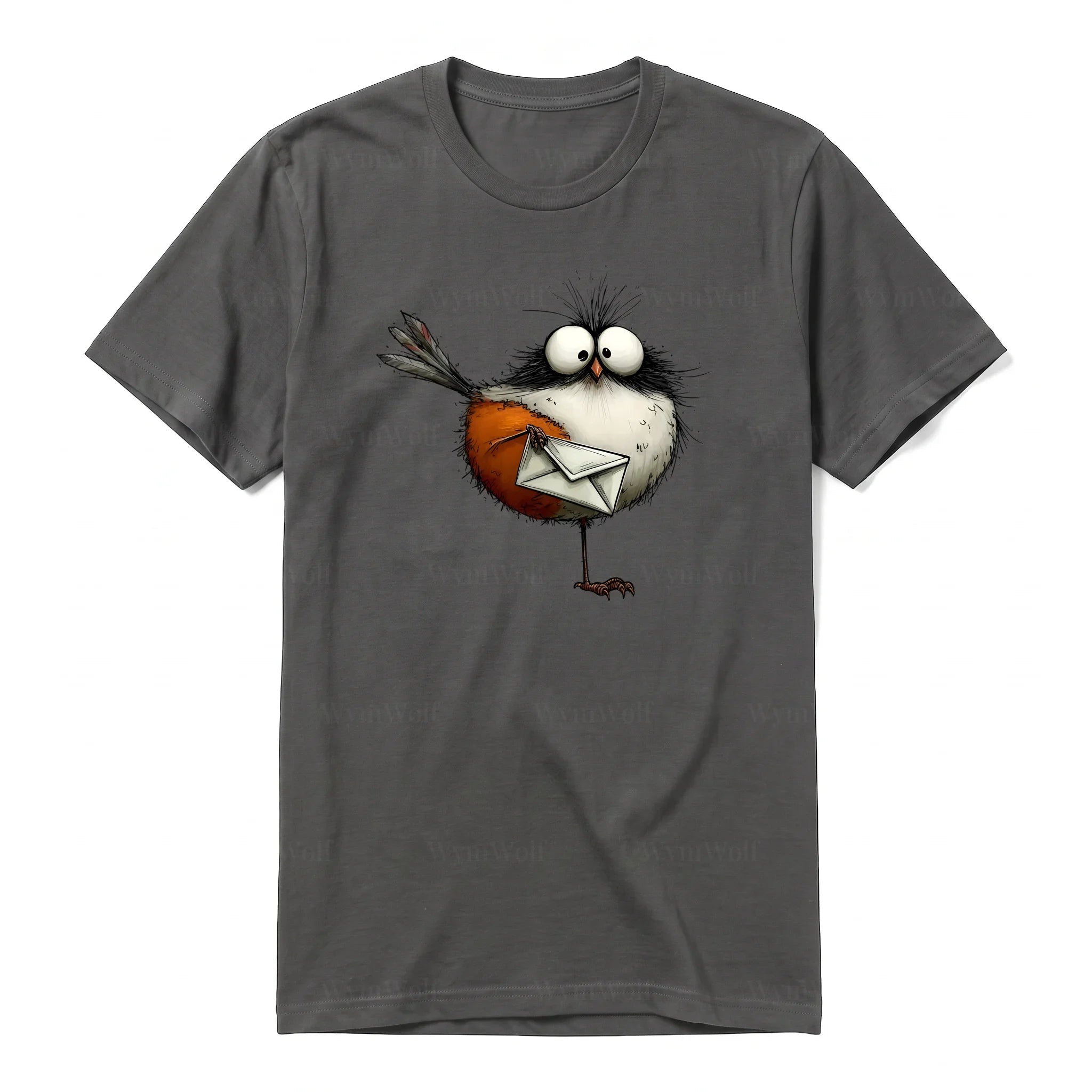 Un T-shirt charbon à manches courtes et col rond, orné d'un motif représentant un oiseau excentrique sur le devant.
