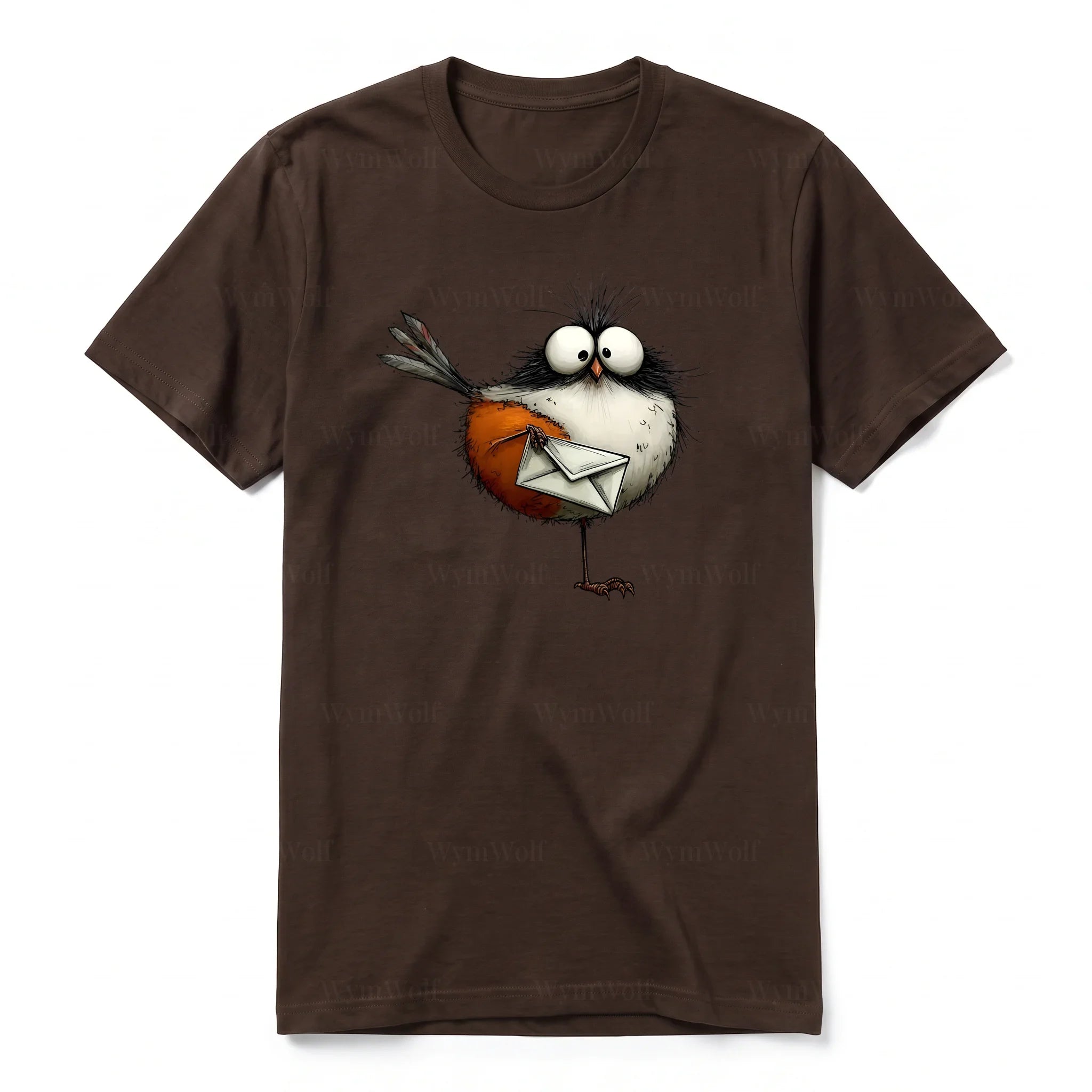 A chocolate short-sleeve crewneck t-shirt for adult featuring a graphic of a quirky bird on the front.