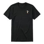A black short-sleeve crewneck t-shirt for adult featuring a graphic of a quirky bird on the left chest.