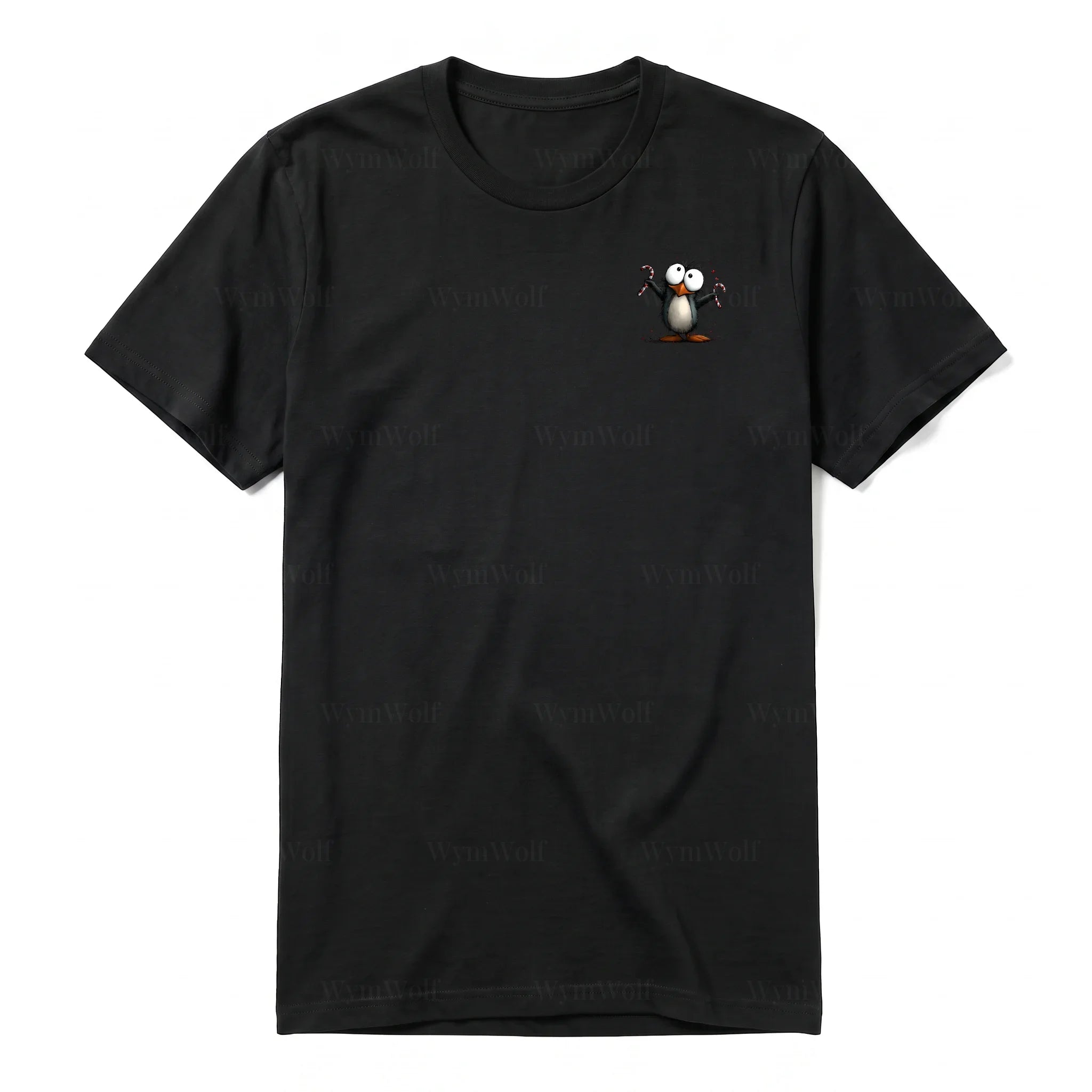 A black short-sleeve crewneck t-shirt for adult featuring a graphic of a quirky bird on the left chest.