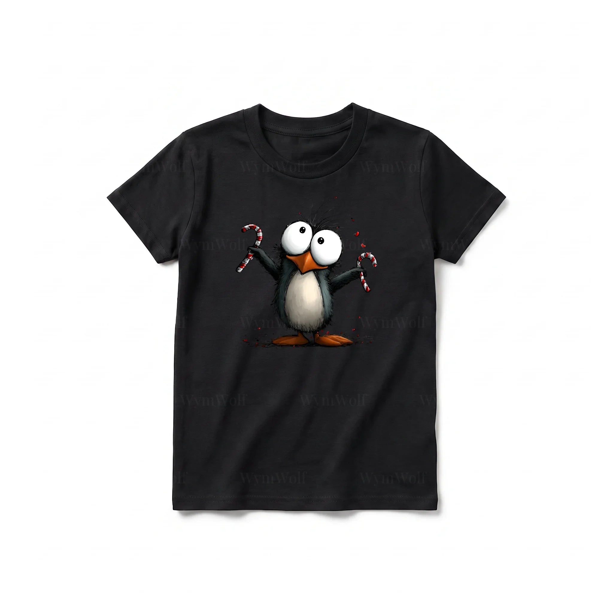 A black short-sleeve crewneck t-shirt for youth featuring a graphic of a quirky bird on the front.