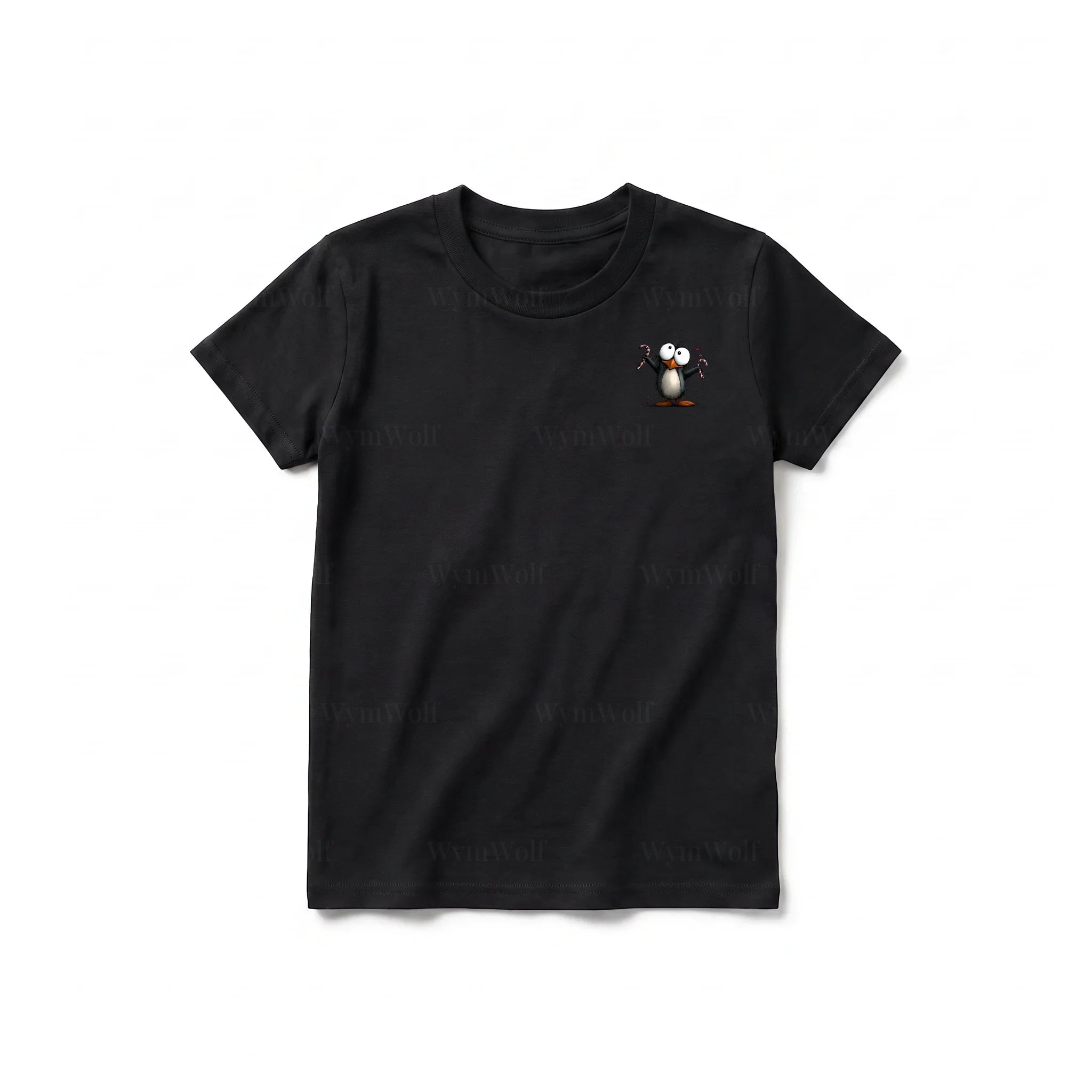 A black short-sleeve crewneck t-shirt for youth featuring a graphic of a quirky bird on the left chest.