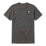 A charcoal short-sleeve crewneck t-shirt for adult featuring a graphic of a quirky bird on the left chest.
