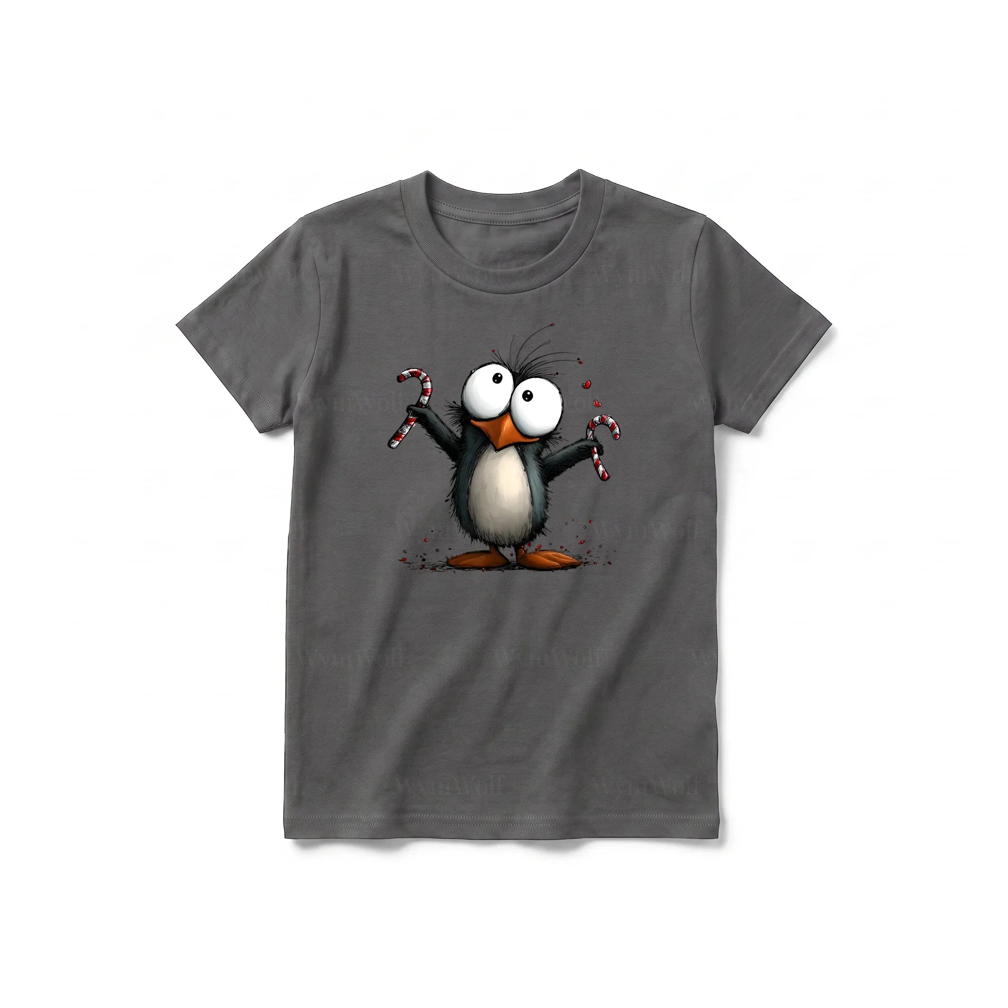 A charcoal short-sleeve crewneck t-shirt for youth featuring a graphic of a quirky bird on the front.