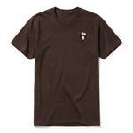 A chocolate short-sleeve crewneck t-shirt for adult featuring a graphic of a quirky bird on the left chest.