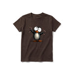 A chocolate short-sleeve crewneck t-shirt for youth featuring a graphic of a quirky bird on the front.