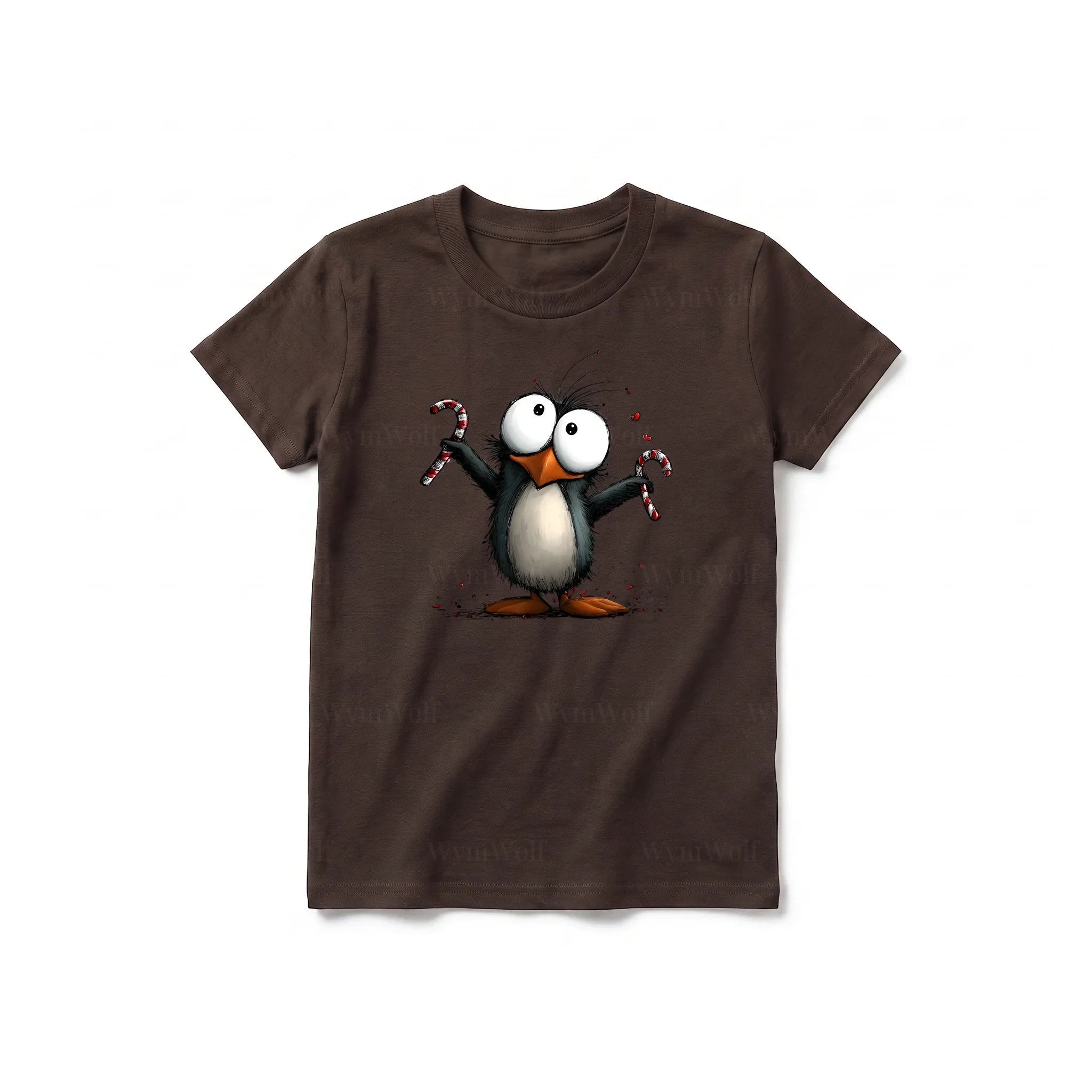 A chocolate short-sleeve crewneck t-shirt for youth featuring a graphic of a quirky bird on the front.