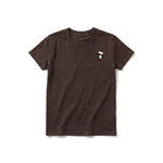 A chocolate short-sleeve crewneck t-shirt for youth featuring a graphic of a quirky bird on the left chest.