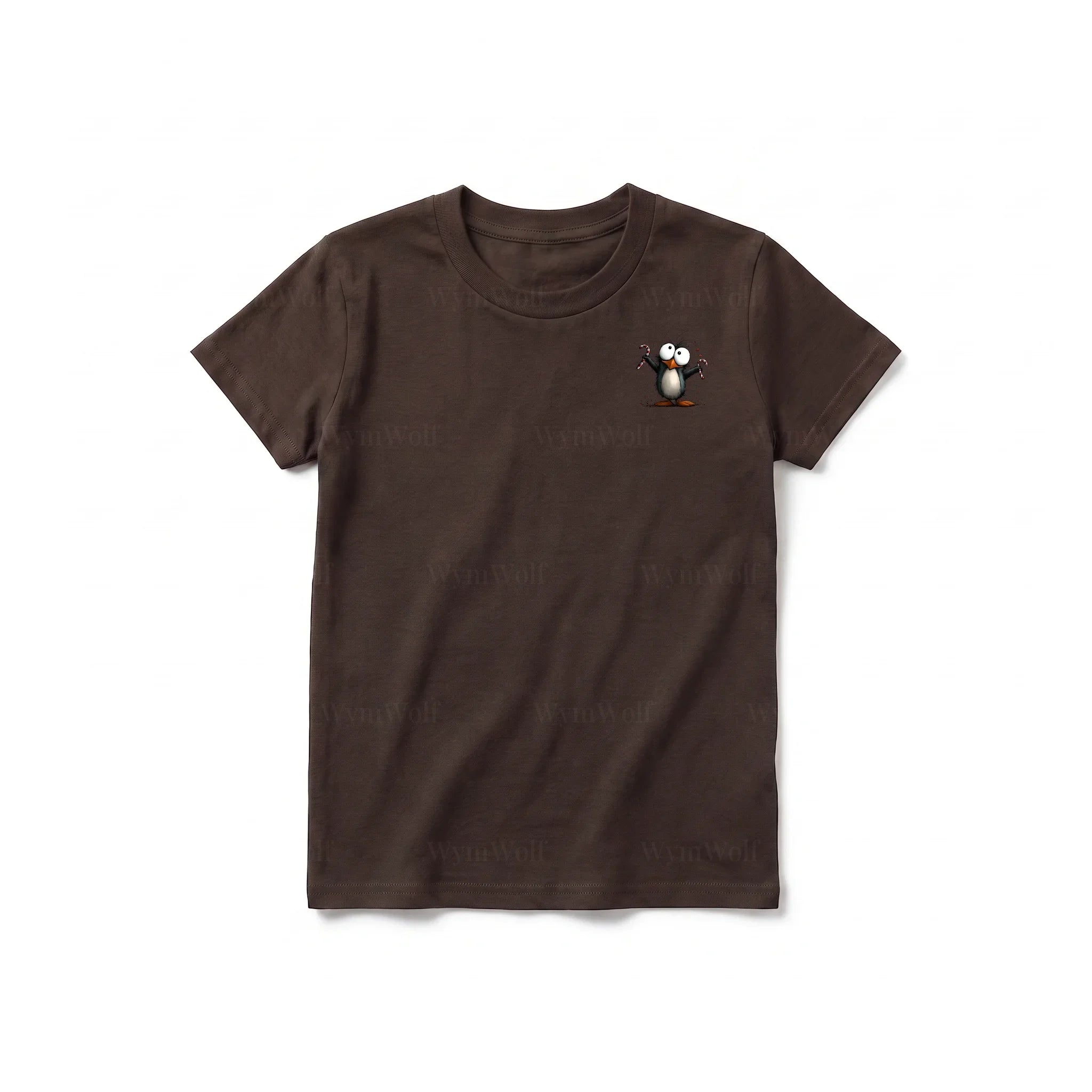A chocolate short-sleeve crewneck t-shirt for youth featuring a graphic of a quirky bird on the left chest.