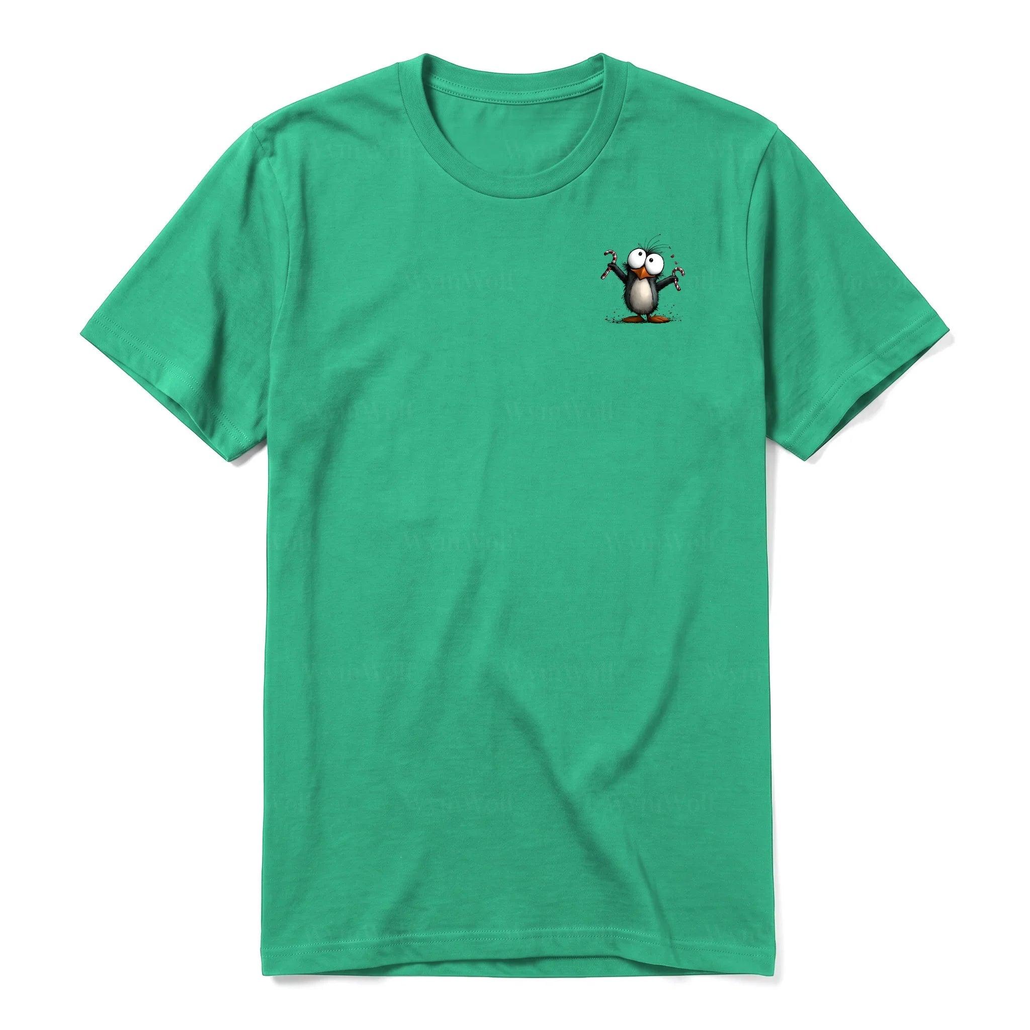 A kelly short-sleeve crewneck t-shirt for adult featuring a graphic of a quirky bird on the left chest.