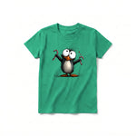 A kelly short-sleeve crewneck t-shirt for youth featuring a graphic of a quirky bird on the front.