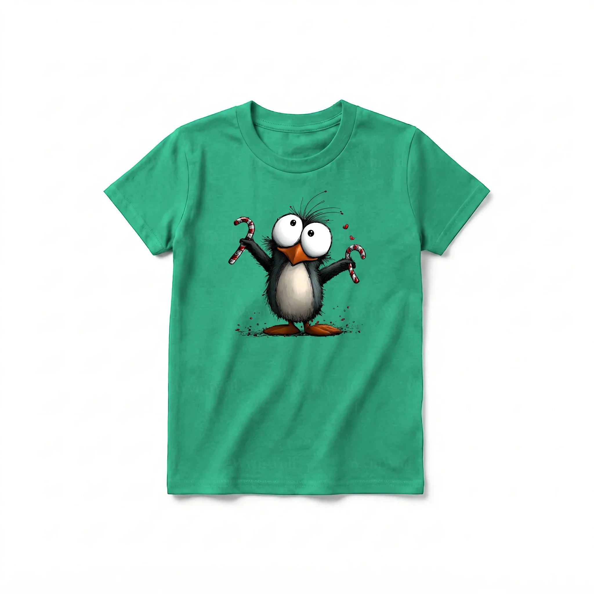 A kelly short-sleeve crewneck t-shirt for youth featuring a graphic of a quirky bird on the front.