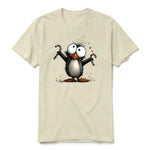 A latte short-sleeve crewneck t-shirt for adult featuring a graphic of a quirky bird on the front.