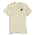 A latte short-sleeve crewneck t-shirt for adult featuring a graphic of a quirky bird on the left chest.