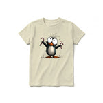 A latte short-sleeve crewneck t-shirt for youth featuring a graphic of a quirky bird on the front.