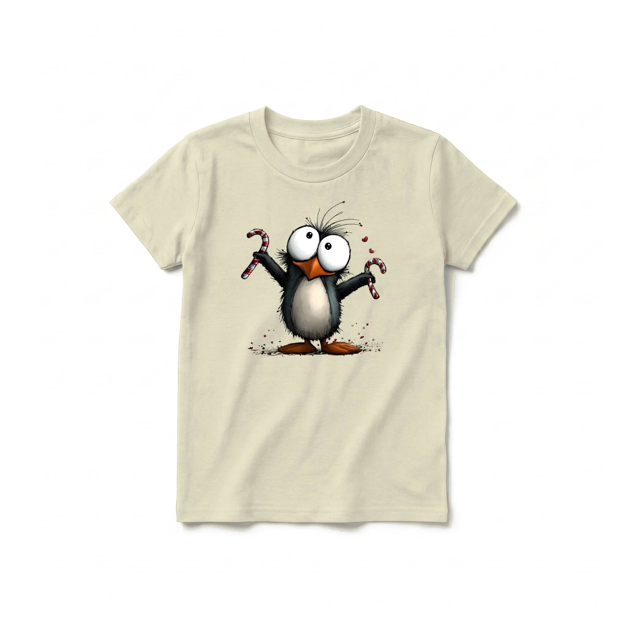 A latte short-sleeve crewneck t-shirt for youth featuring a graphic of a quirky bird on the front.