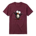 A maroon short-sleeve crewneck t-shirt for adult featuring a graphic of a quirky bird on the front.