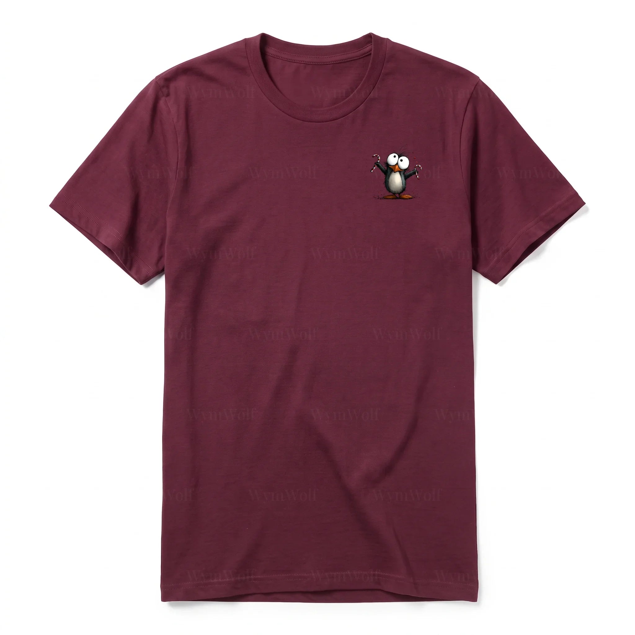 A maroon short-sleeve crewneck t-shirt for adult featuring a graphic of a quirky bird on the left chest.