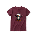 A maroon short-sleeve crewneck t-shirt for youth featuring a graphic of a quirky bird on the front.