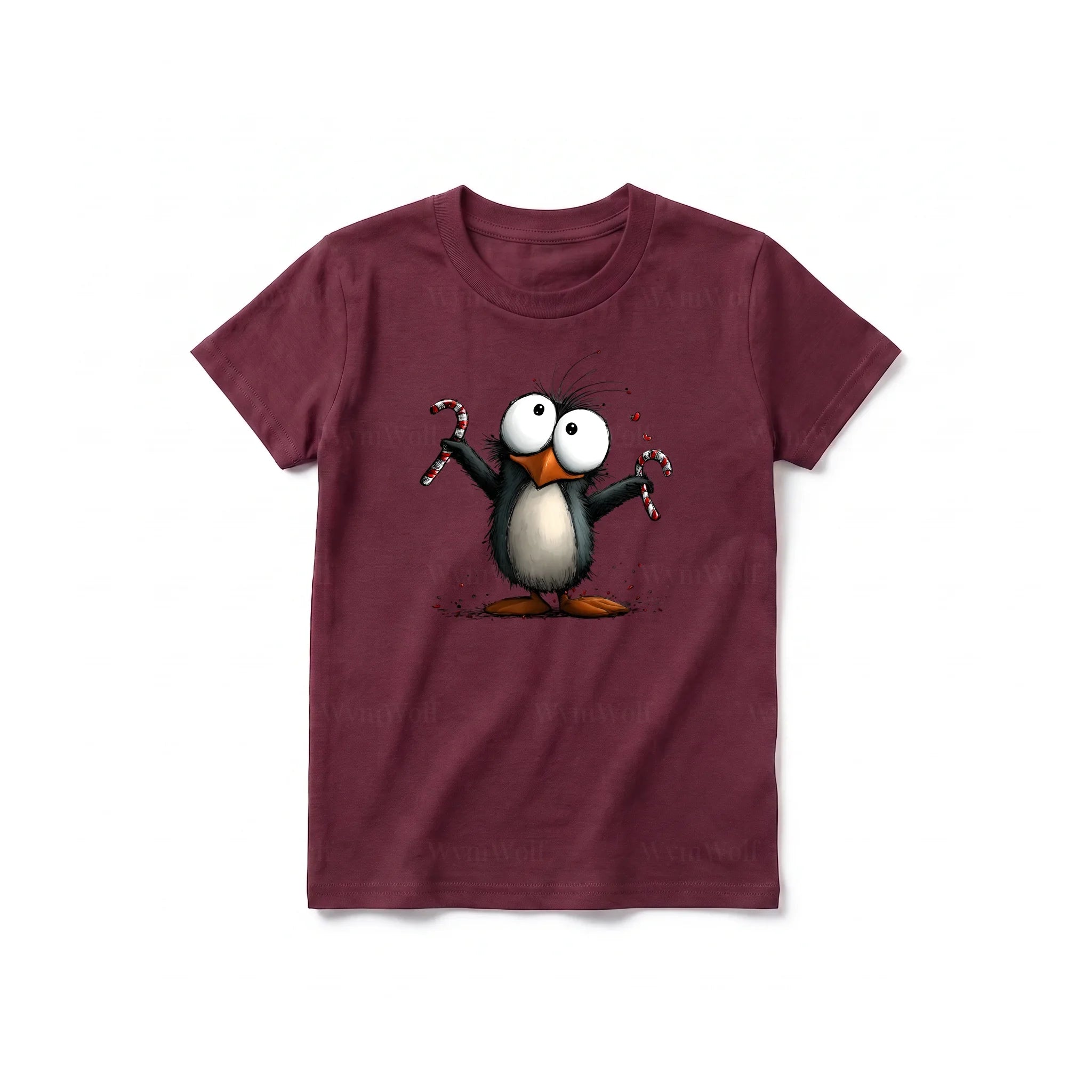 A maroon short-sleeve crewneck t-shirt for youth featuring a graphic of a quirky bird on the front.