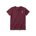 A maroon short-sleeve crewneck t-shirt for youth featuring a graphic of a quirky bird on the left chest.