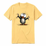 A mustard short-sleeve crewneck t-shirt for adult featuring a graphic of a quirky bird on the front.