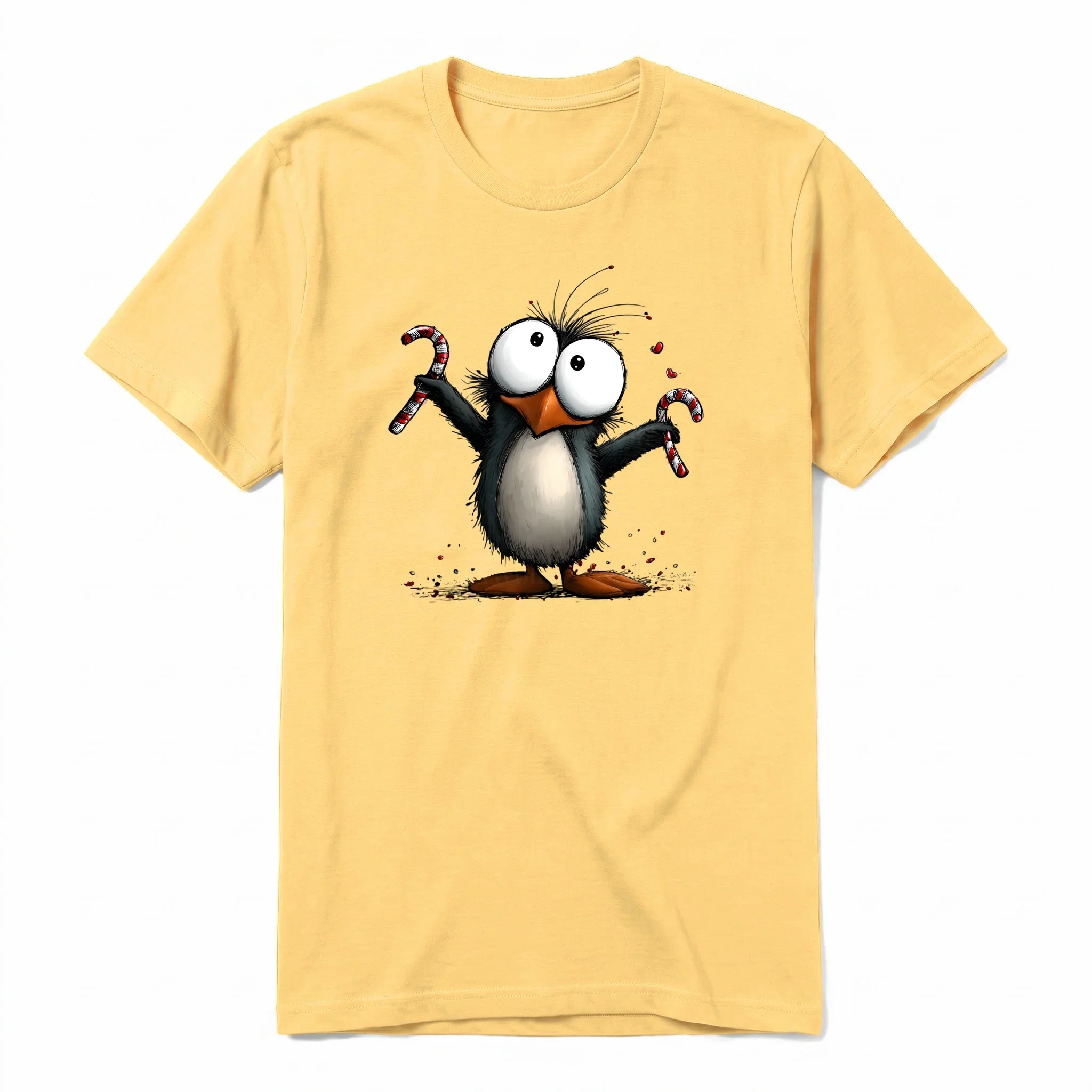 A mustard short-sleeve crewneck t-shirt for adult featuring a graphic of a quirky bird on the front.