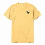 A mustard short-sleeve crewneck t-shirt for adult featuring a graphic of a quirky bird on the left chest.