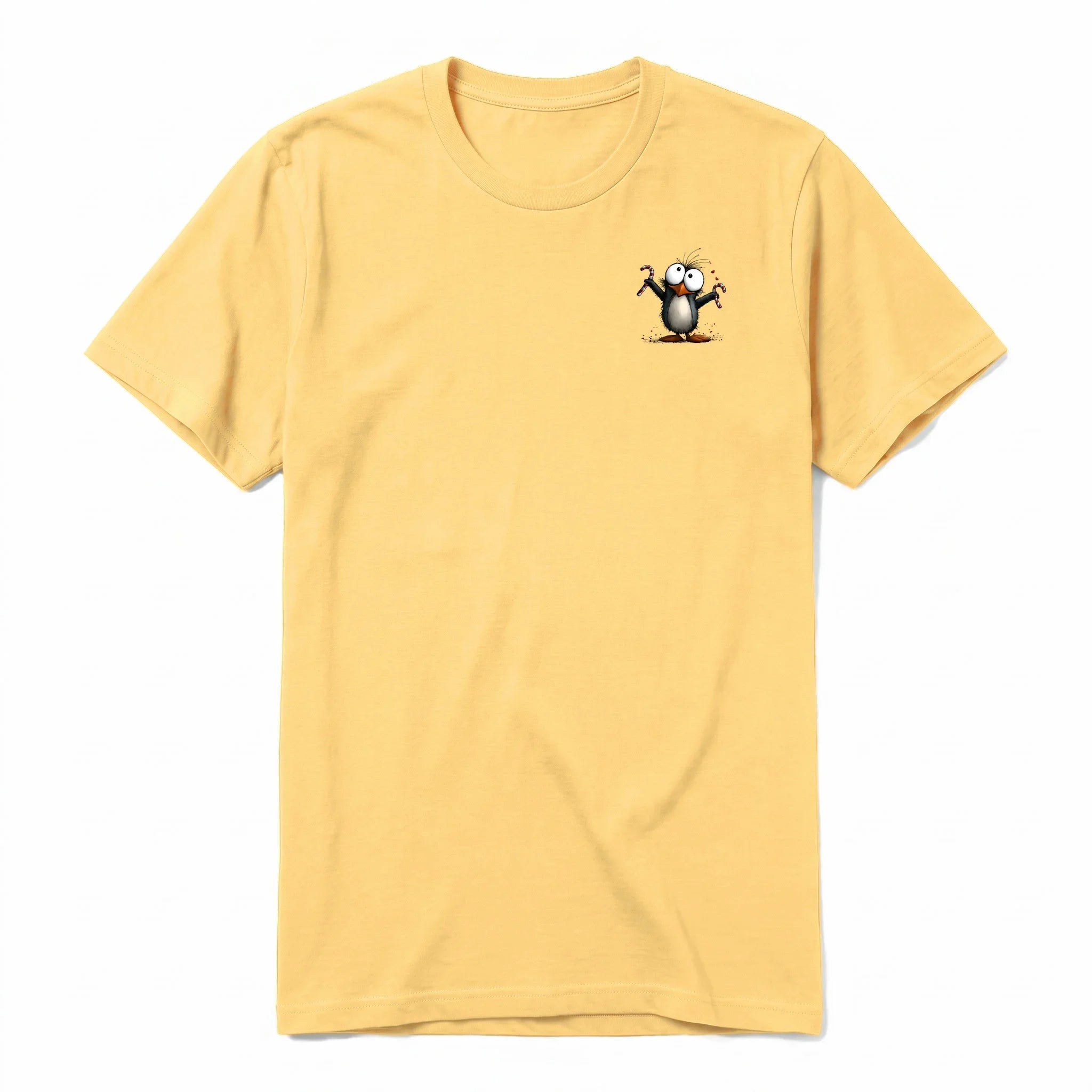 A mustard short-sleeve crewneck t-shirt for adult featuring a graphic of a quirky bird on the left chest.