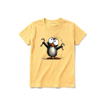 A mustard short-sleeve crewneck t-shirt for youth featuring a graphic of a quirky bird on the front.
