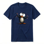 A navy short-sleeve crewneck t-shirt for adult featuring a graphic of a quirky bird on the front.