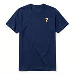 A navy short-sleeve crewneck t-shirt for adult featuring a graphic of a quirky bird on the left chest.