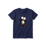 A navy short-sleeve crewneck t-shirt for youth featuring a graphic of a quirky bird on the front.