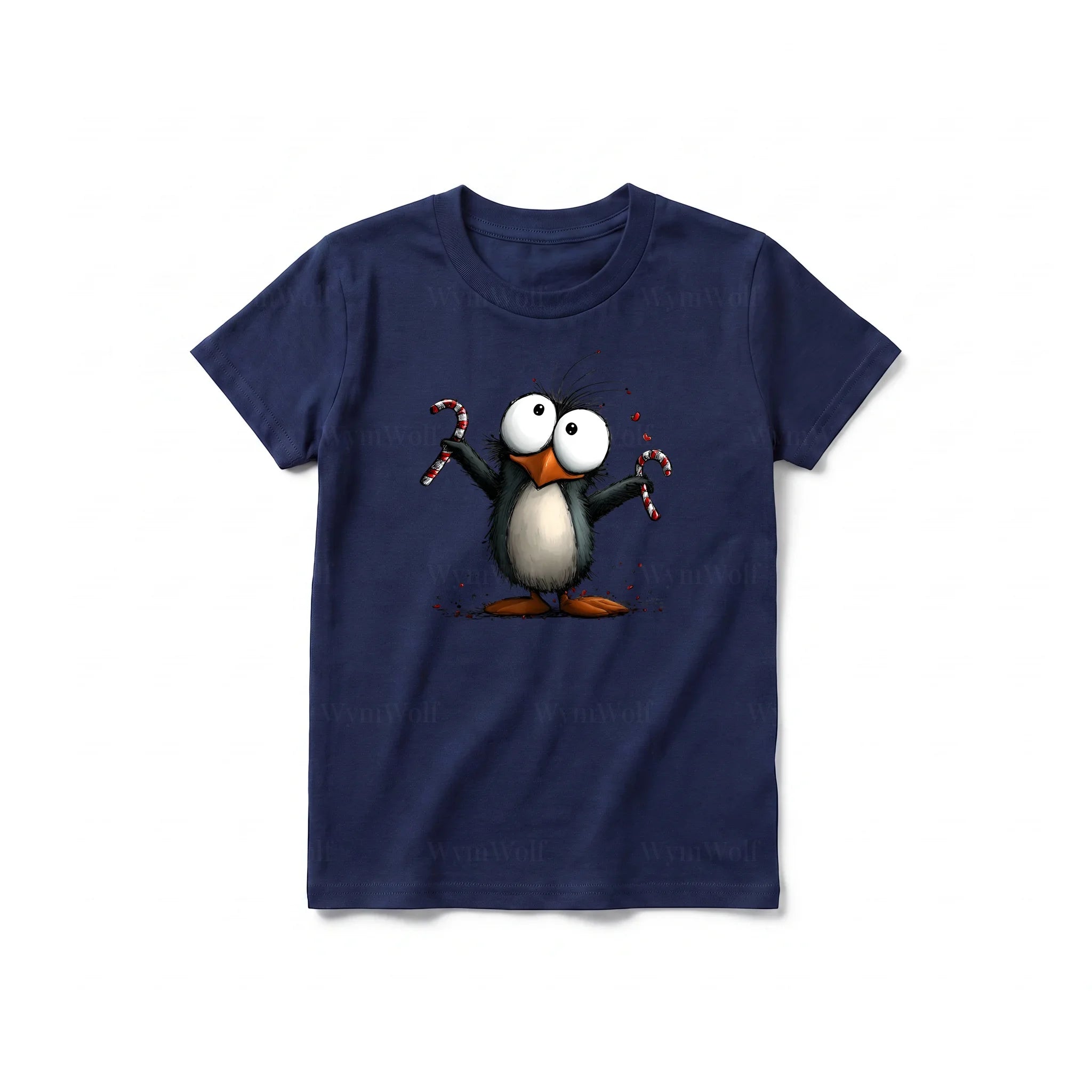 A navy short-sleeve crewneck t-shirt for youth featuring a graphic of a quirky bird on the front.