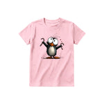 A pink short-sleeve crewneck t-shirt for youth featuring a graphic of a quirky bird on the front.