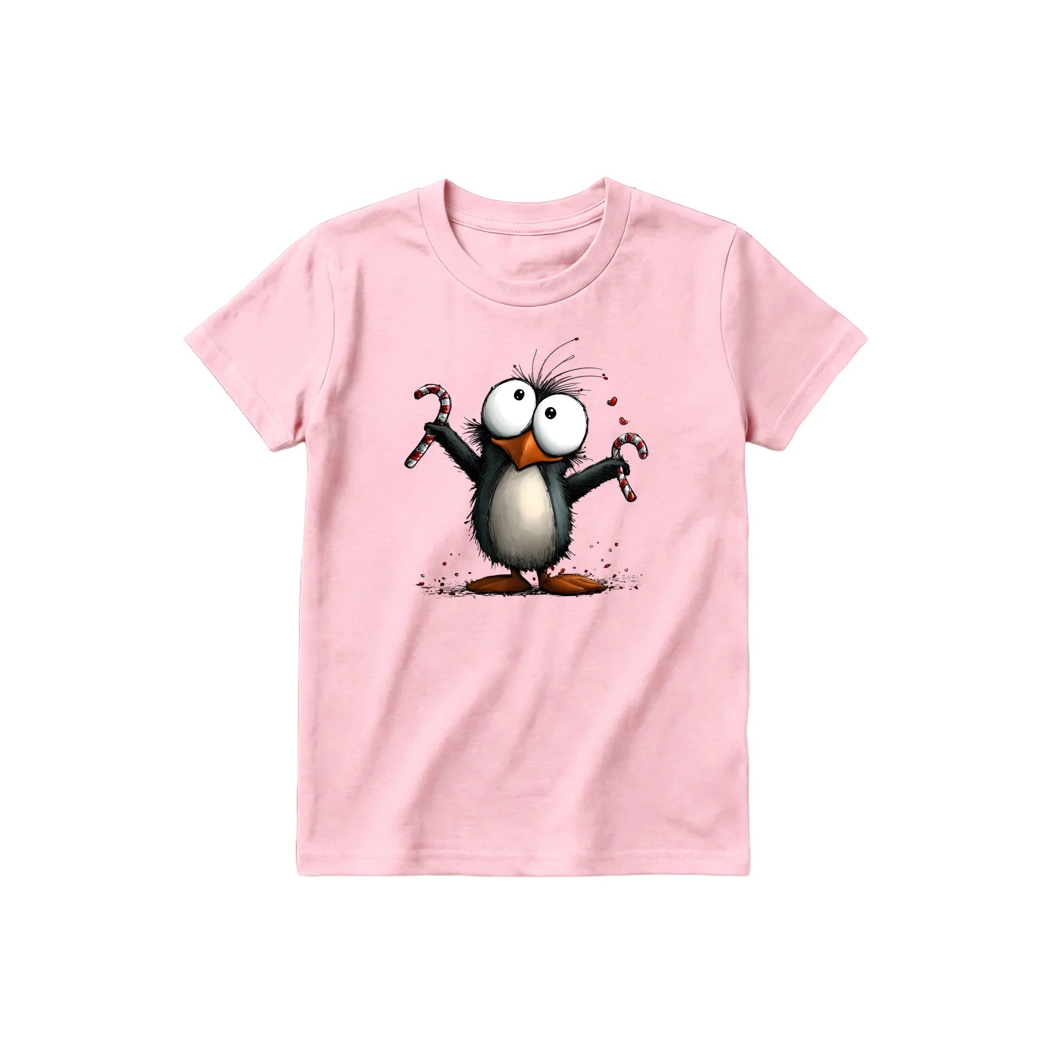 A pink short-sleeve crewneck t-shirt for youth featuring a graphic of a quirky bird on the front.
