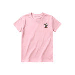 A pink short-sleeve crewneck t-shirt for youth featuring a graphic of a quirky bird on the left chest.
